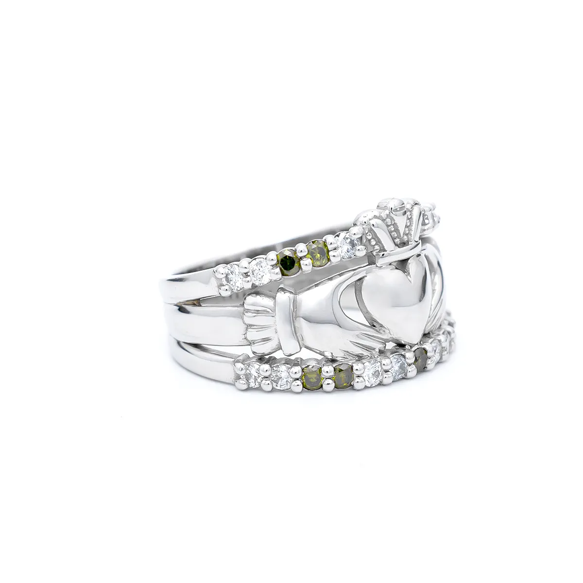 IJCR00023 White Gold Green Diamond Claddagh Ring 3