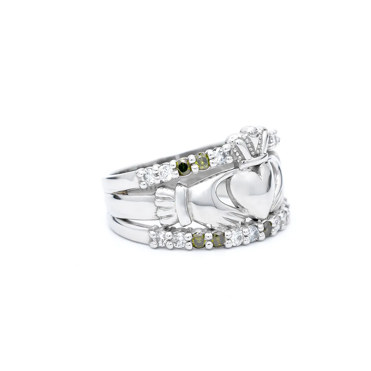 IJCR00023 White Gold Green Diamond Claddagh Ring 3...