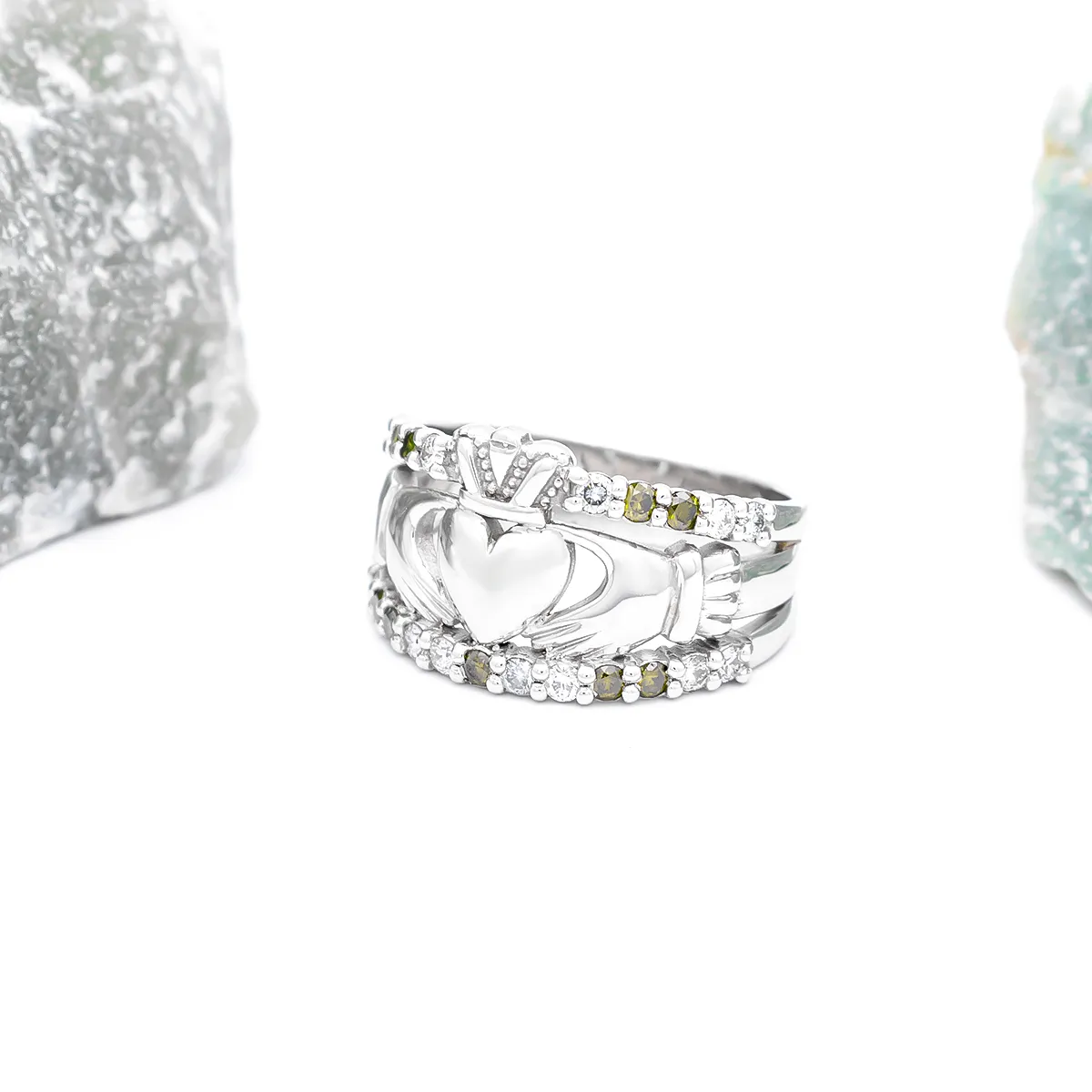 IJCR00023 White Gold Green Diamond Claddagh Ring 5