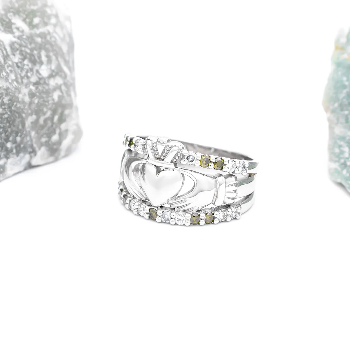 White Gold Claddagh Ring With White and Green Coloured Diamonds  Photo 3 