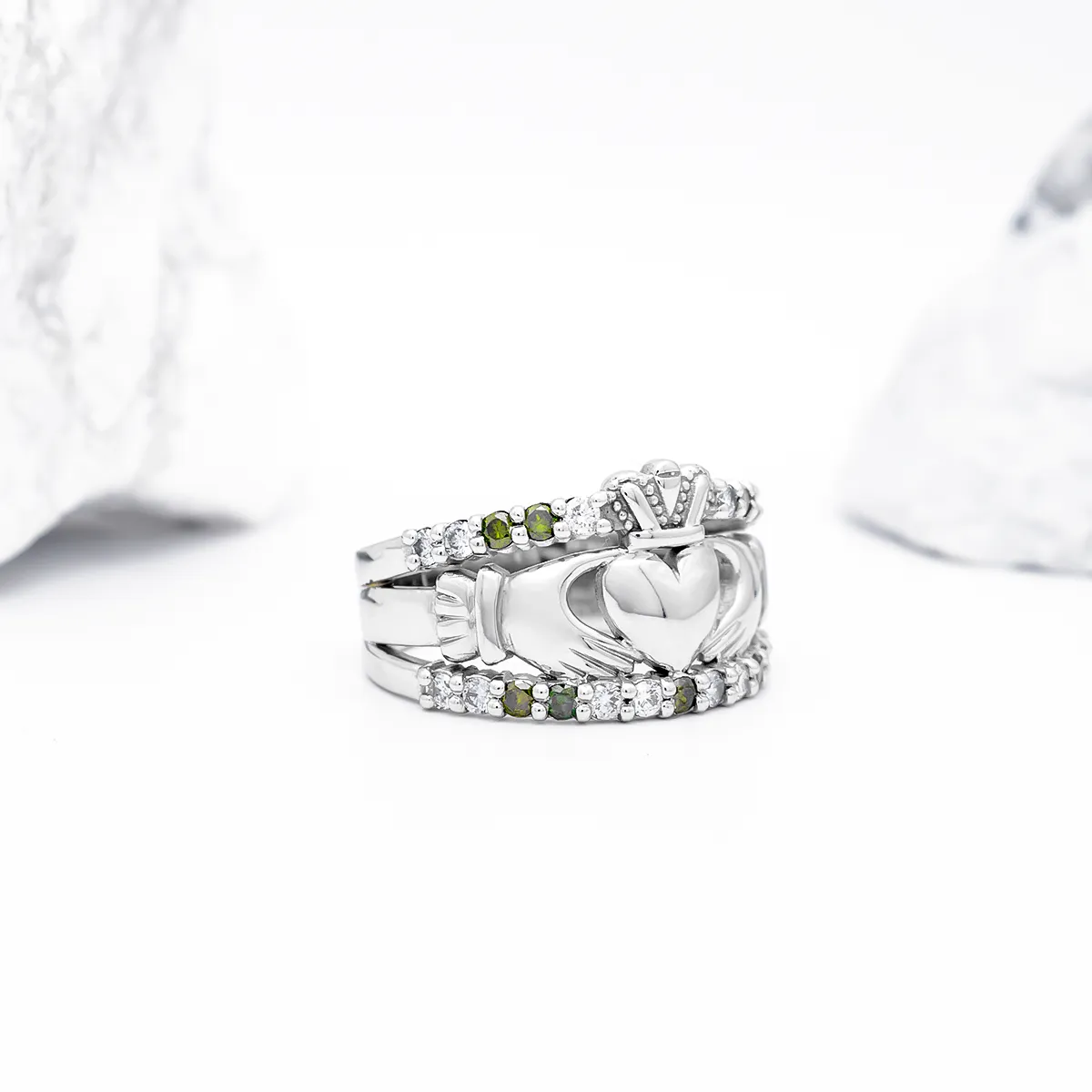 IJCR00023 White Gold Green Diamond Claddagh Ring 7