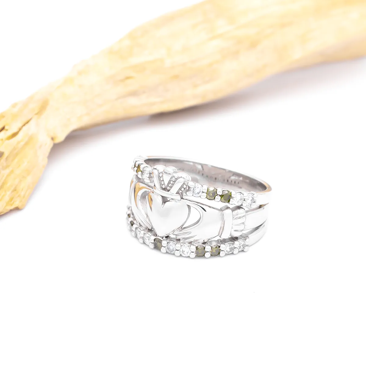 IJCR00023 White Gold Green Diamond Claddagh Ring 8