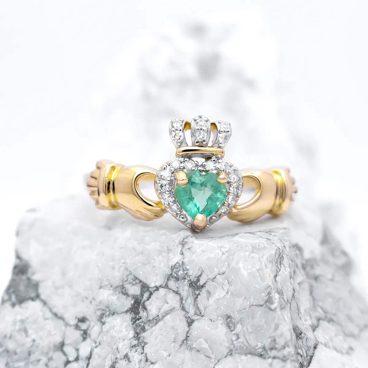 Ladies Emerald And Diamond Claddagh Ring in 14K Gold...