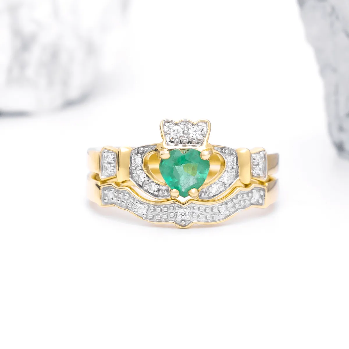 Stunning Gold Claddagh Engagement Ring Set Inlaid with Emerald and Dia...