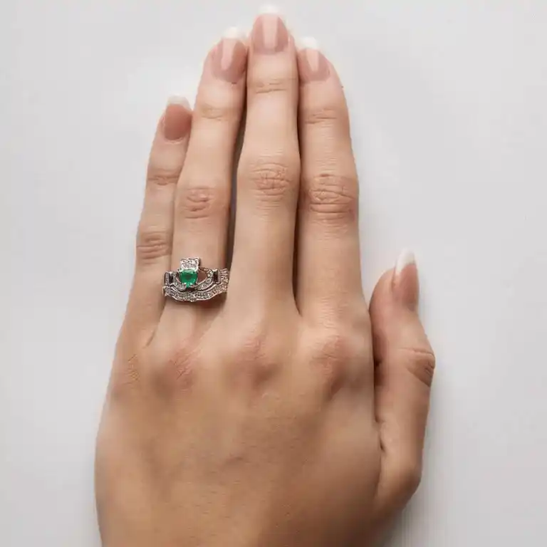 White Gold Emerald and Diamond Irish Claddagh Engagement Ring Set Photo 9 
