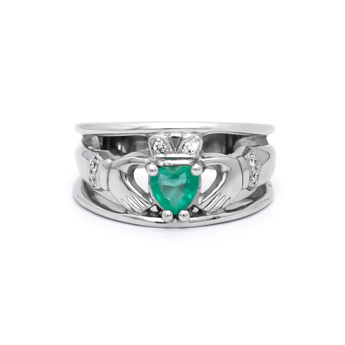 IJCR0014 White Gold Emerald Claddagh Ring Diamond 01