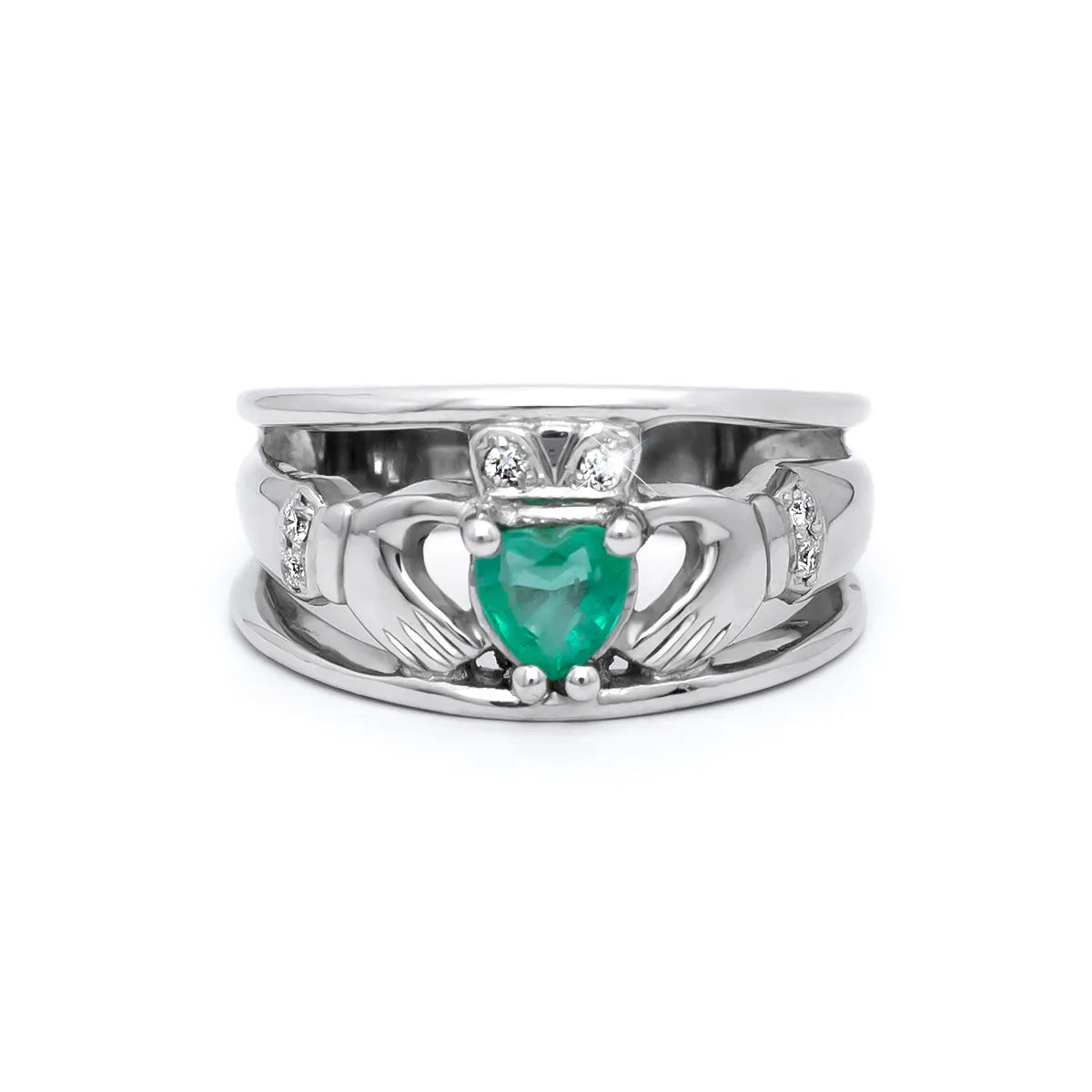 IJCR0014 White Gold Emerald Claddagh Ring Diamond 01...