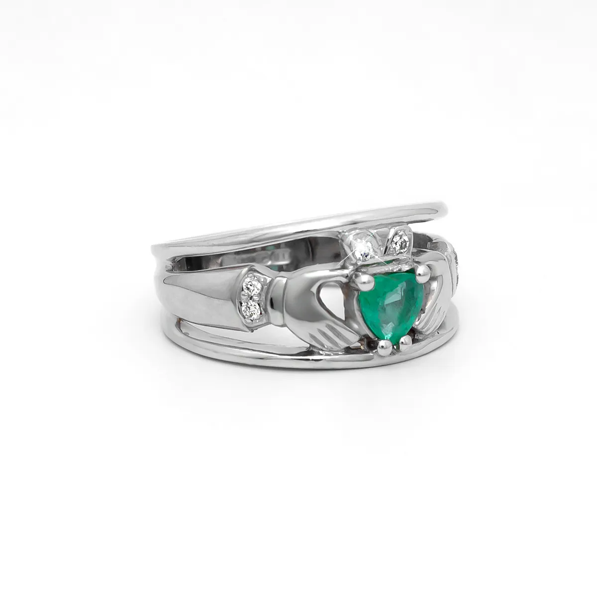 IJCR0014 White Gold Emerald Claddagh Ring Diamond 03...