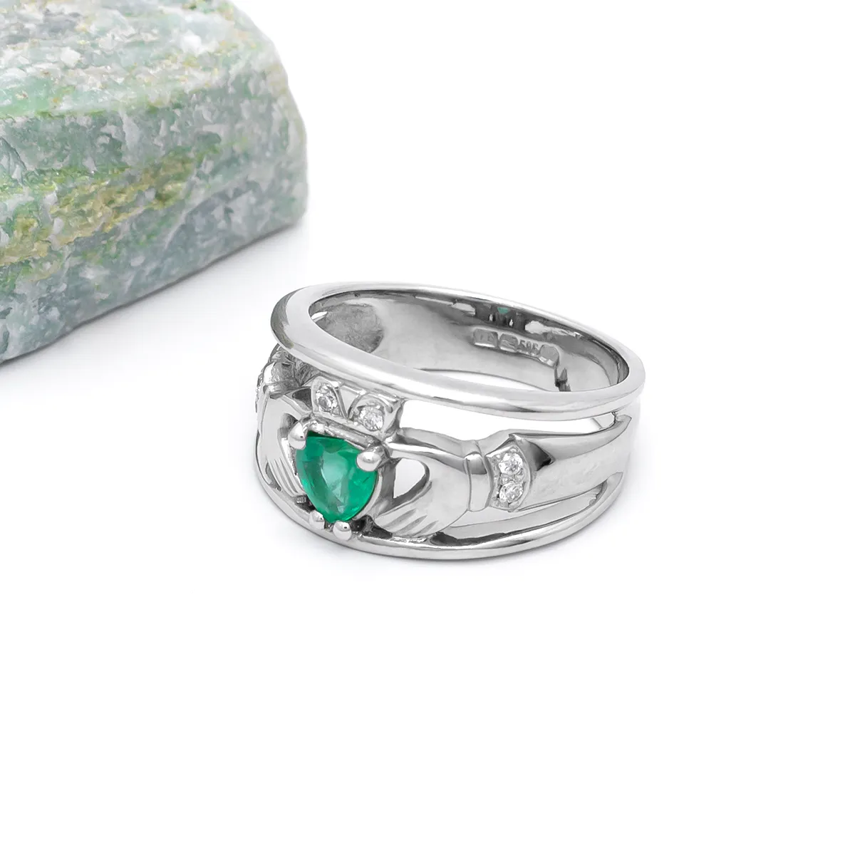 Heartshape Emerald Diamond Claddagh Wide Ring Photo 2 