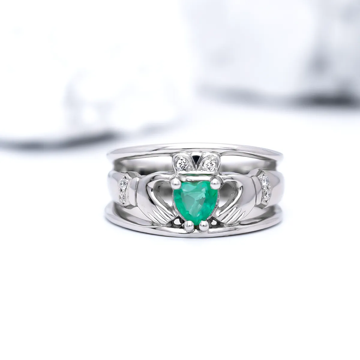 White Gold Heartshape Emerald. Diamond Claddagh Wide Ring