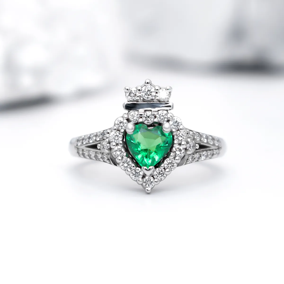 Heart-shaped Emerald And Diamond Irish Claddagh Ring...