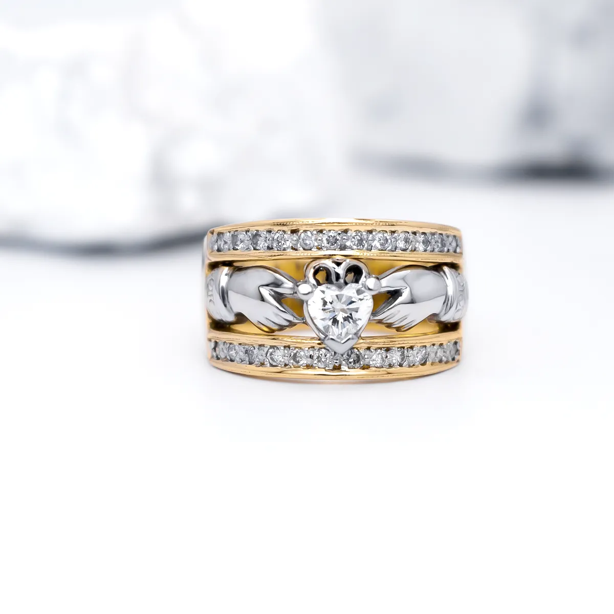 Gold Claddagh Wide-Band Ring With Heartshaped Diam...