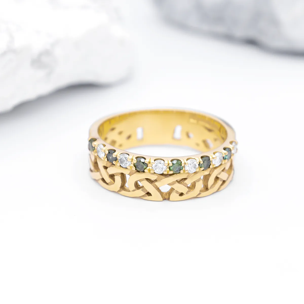 Gold Celtic Knot Ring With Green Colored Diamonds