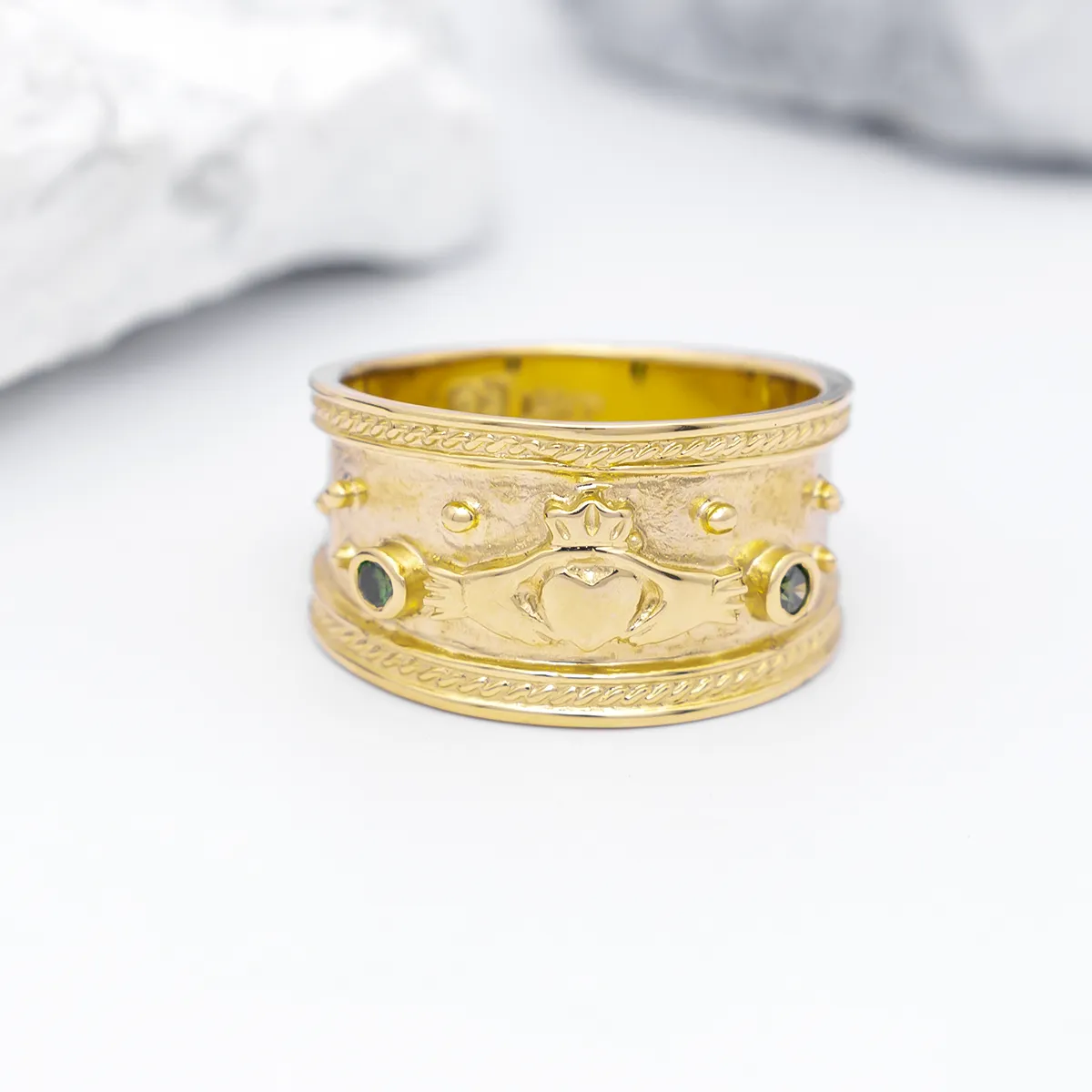 IJCR0031 Yellow Gold Emerald Wide Claddagh Ring 7