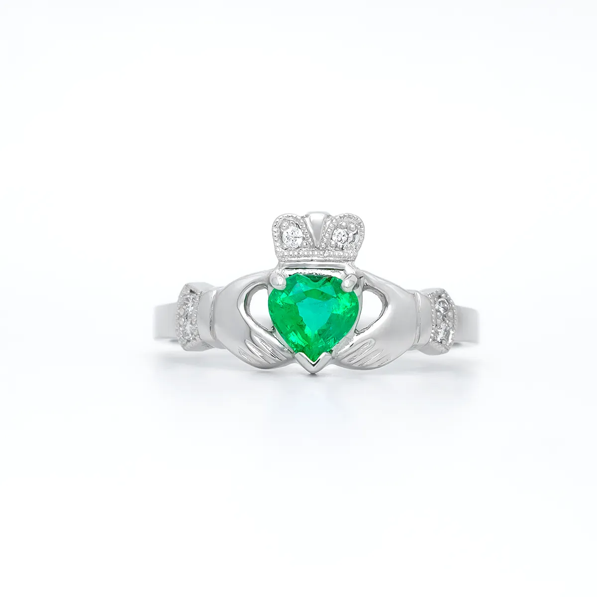 White Gold Emerald Claddagh Ring 1