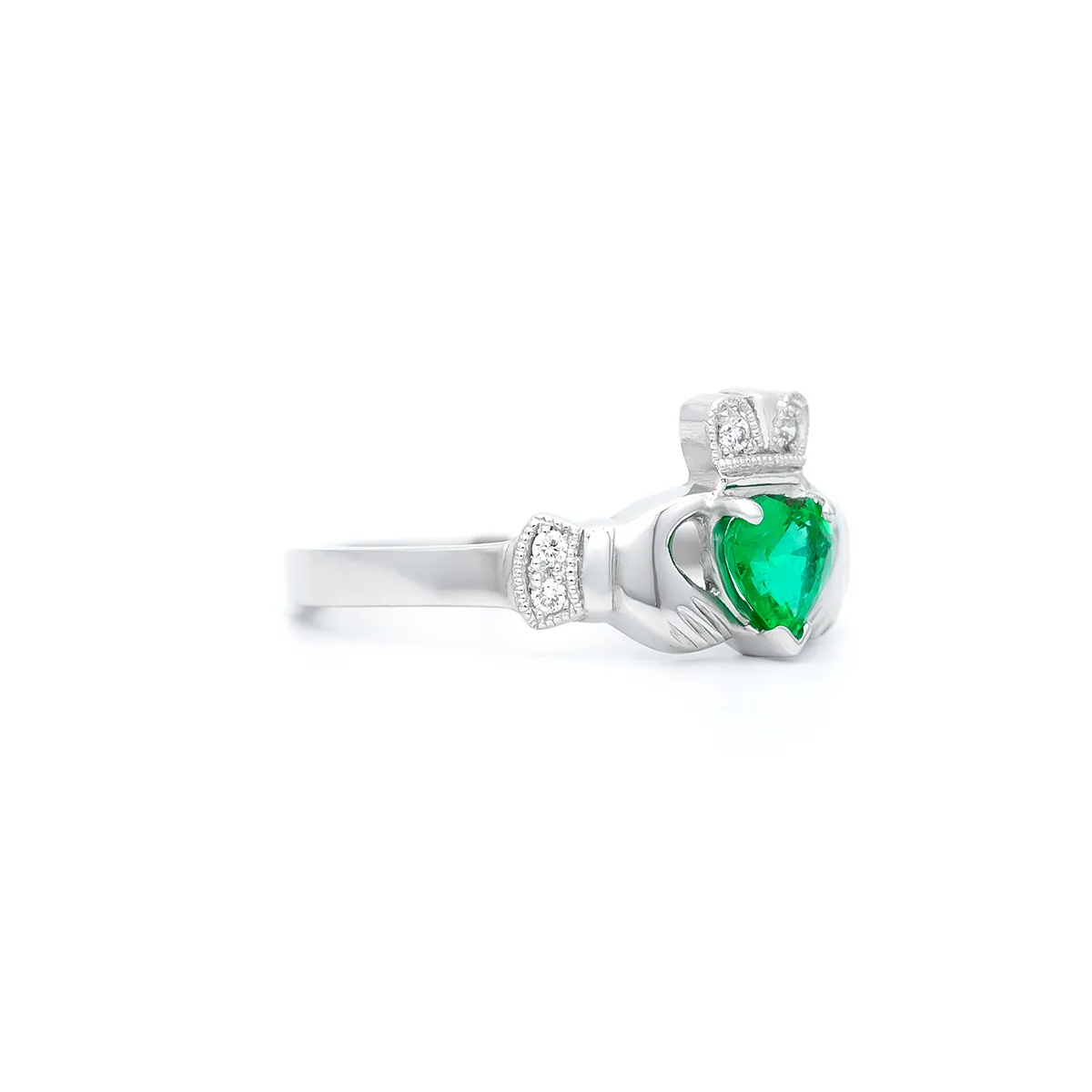 White Gold Emerald Claddagh Ring 2
