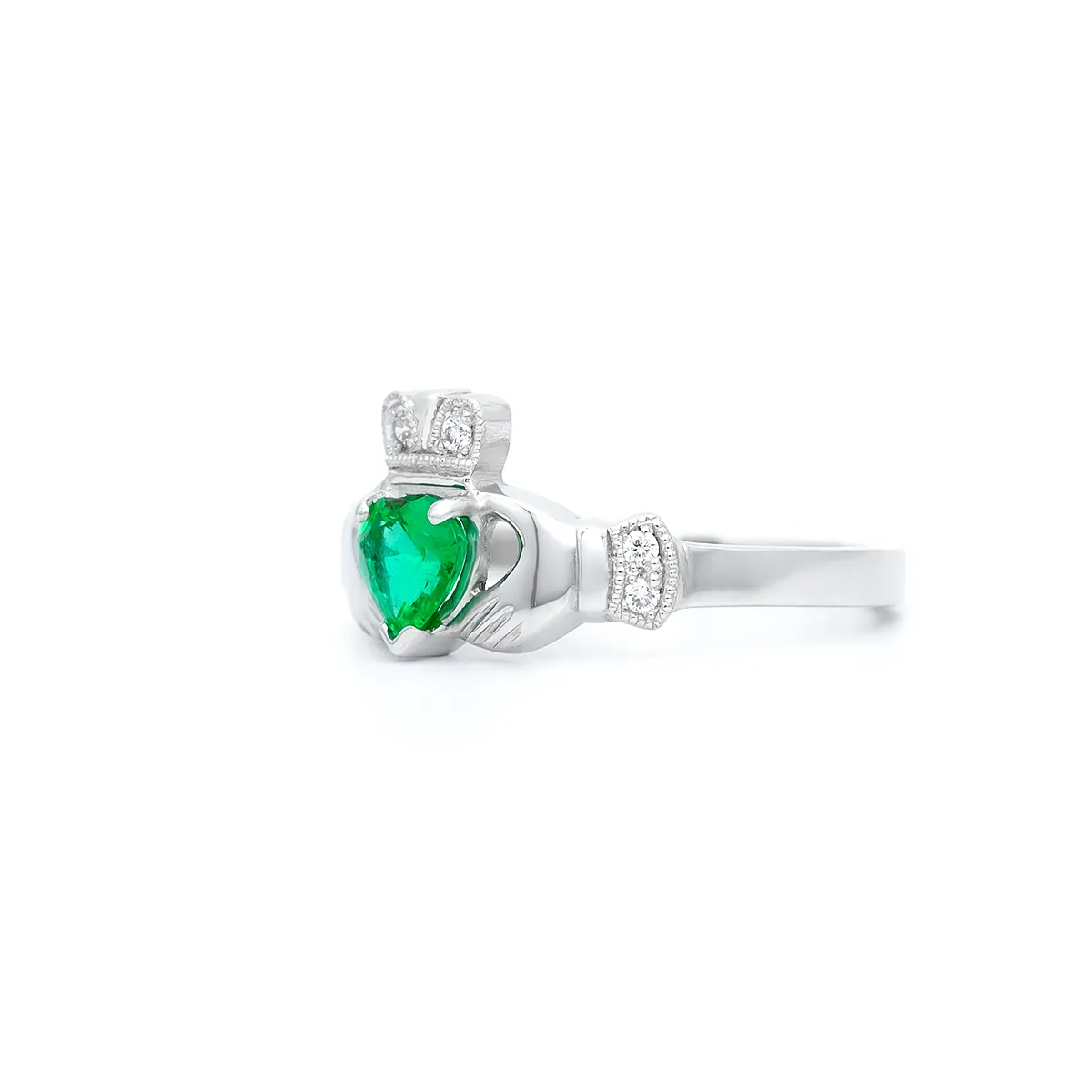 White Gold Emerald Claddagh Ring 3