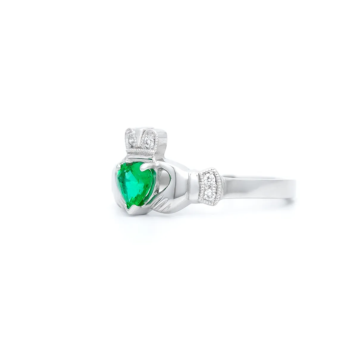 White Gold Emerald Claddagh Ring 3...