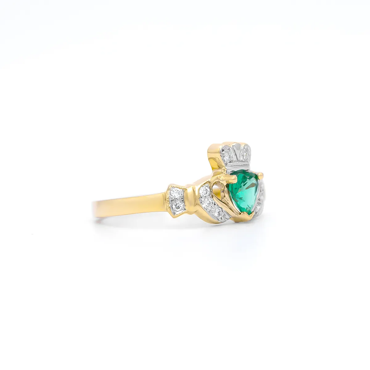 Emerald And Diamond Gold Claddagh Ring