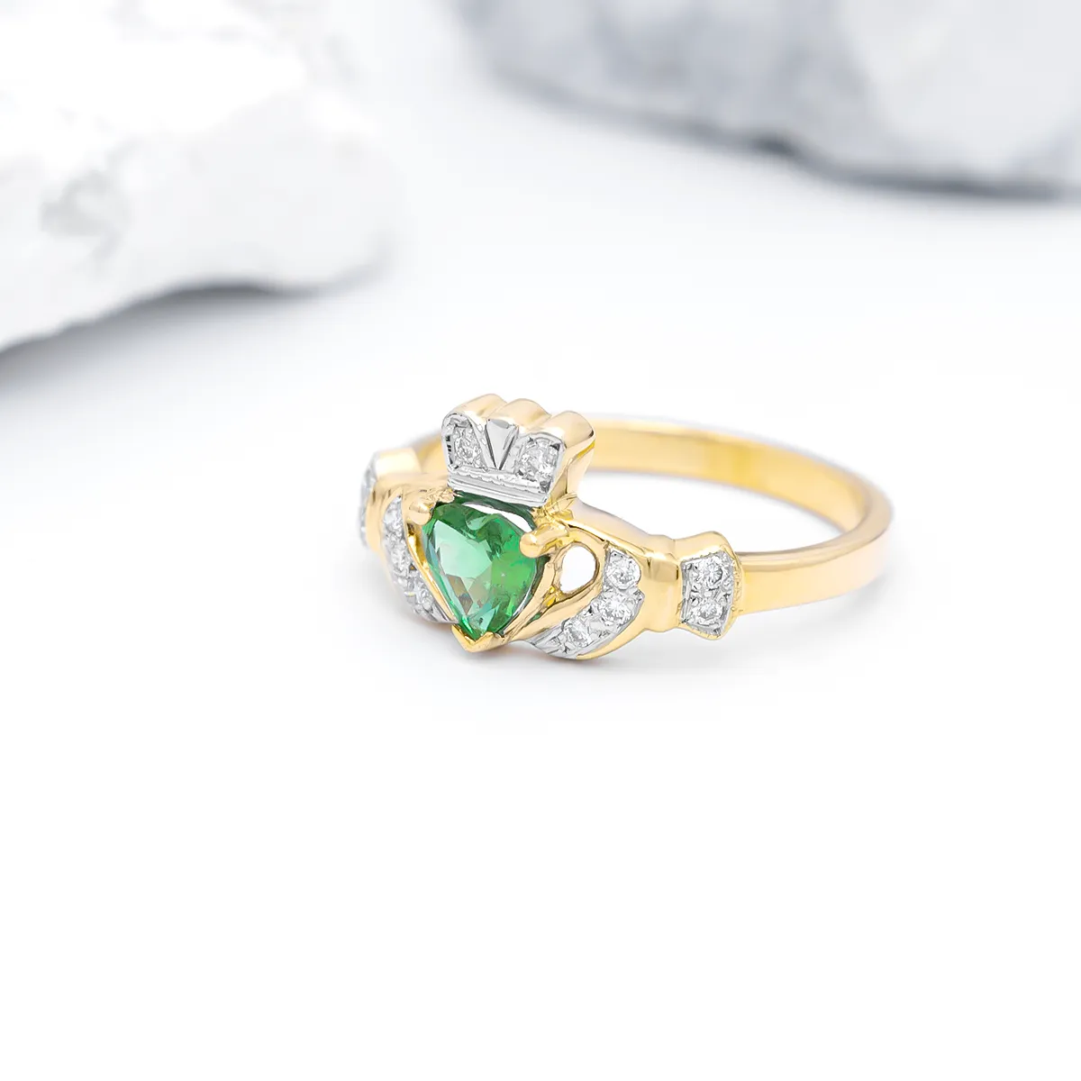 Emerald And Diamond Gold Claddagh Ring