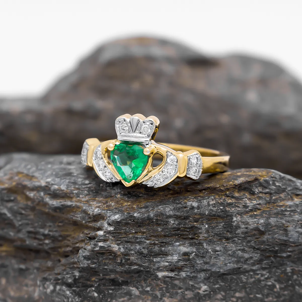 Emerald And Diamond Gold Claddagh Ring