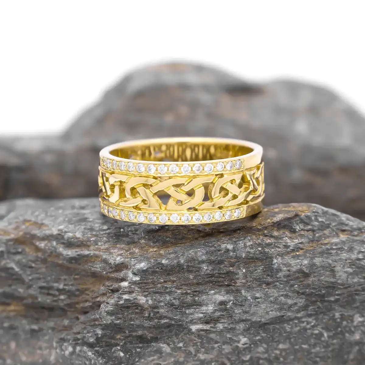 Gold Celtic Knot Ring With Double Row Diamonds