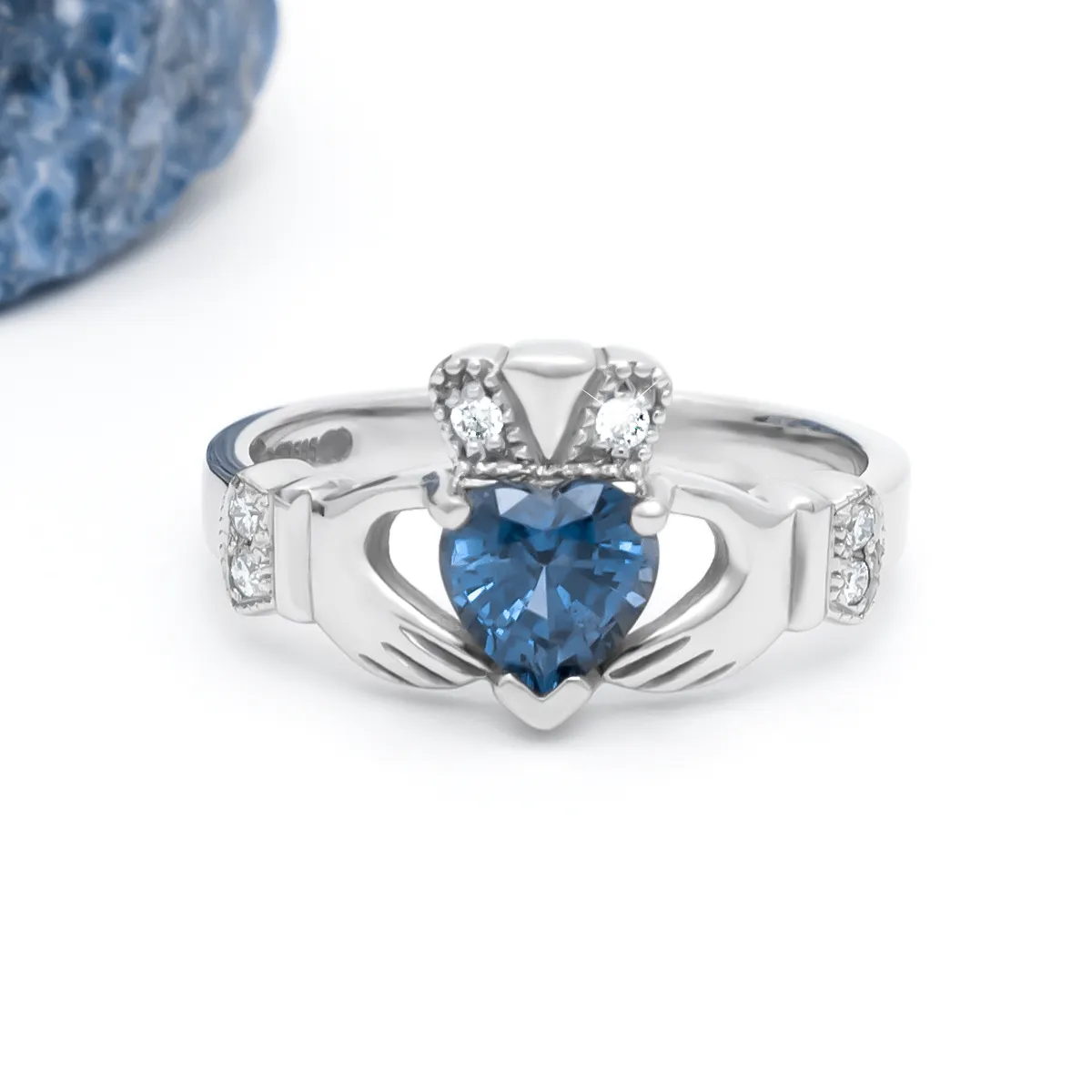 Traditional 1.0cts Sapphire Claddagh Ring, Handcrafted In White Gold...