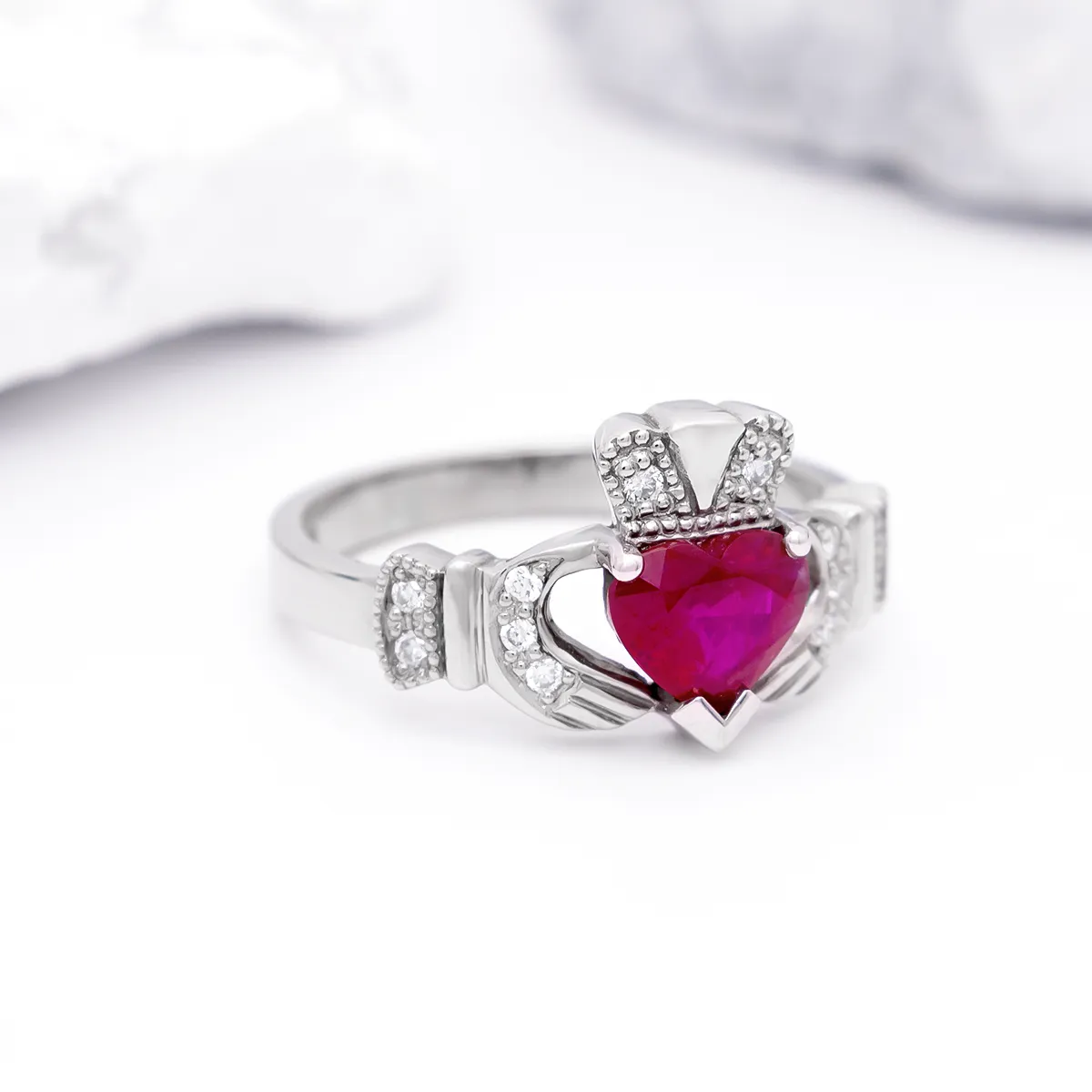 IJCR0036 White Gold Ruby Claddagh Ring 7...