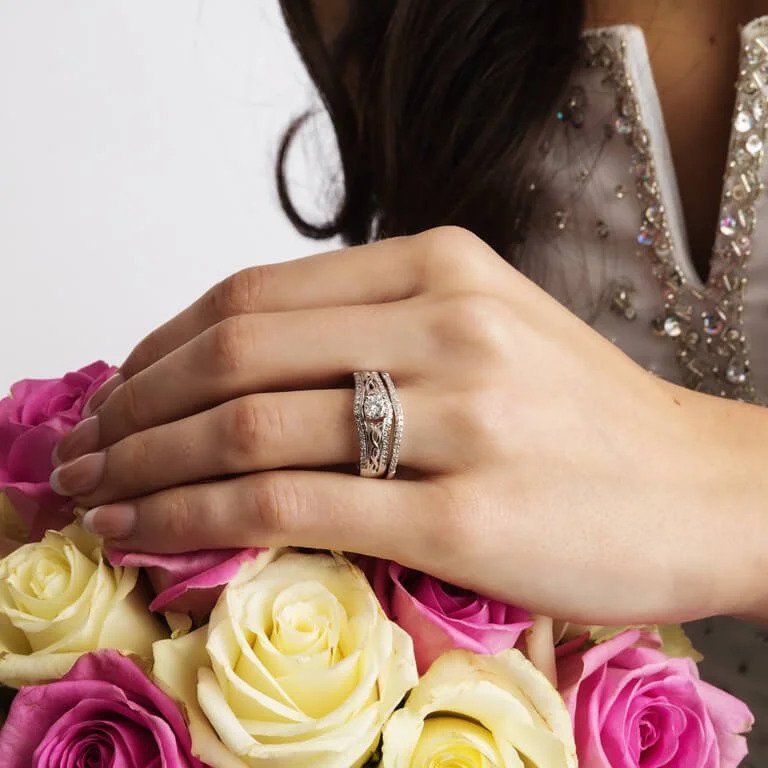 Celtic Knot Diamond Engagement and Wedding Ring Set...