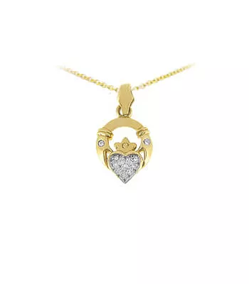 14k Yellow Gold Diamond Claddagh Pendant...