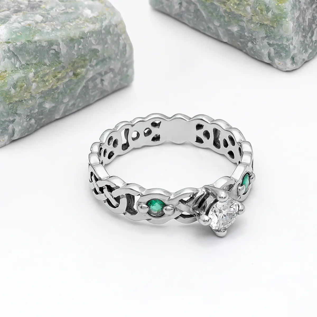 White Gold Emerald Diamond Celtic Ring 5webp...