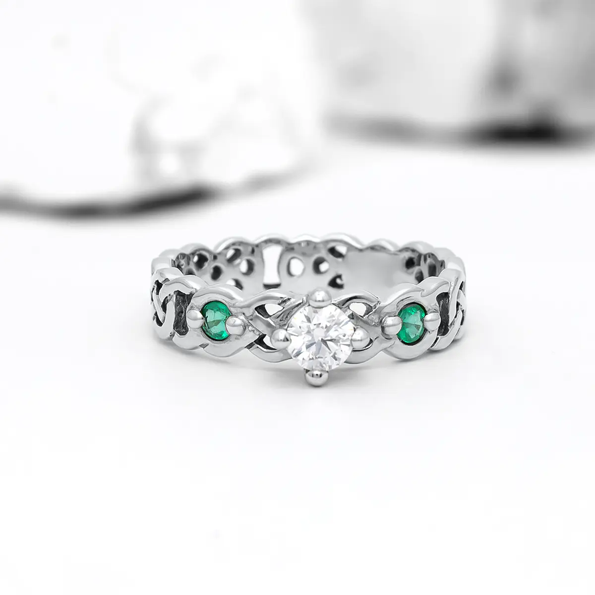 White Gold Emerald Diamond Celtic Ring 7webp...