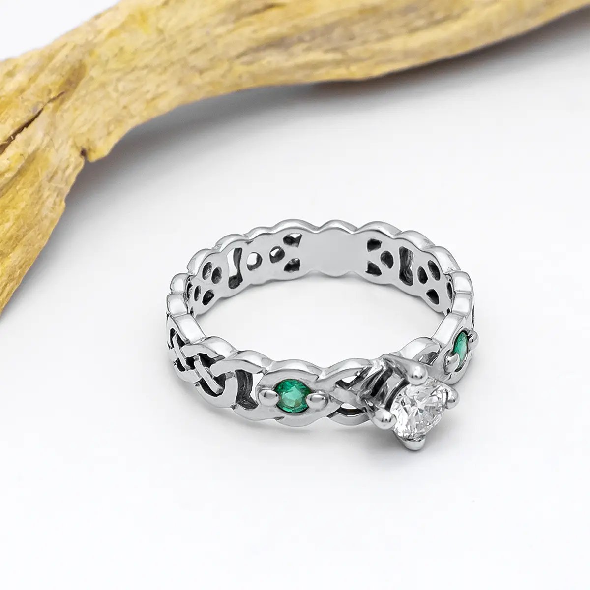 White Gold Emerald Diamond Celtic Ring 8webp...