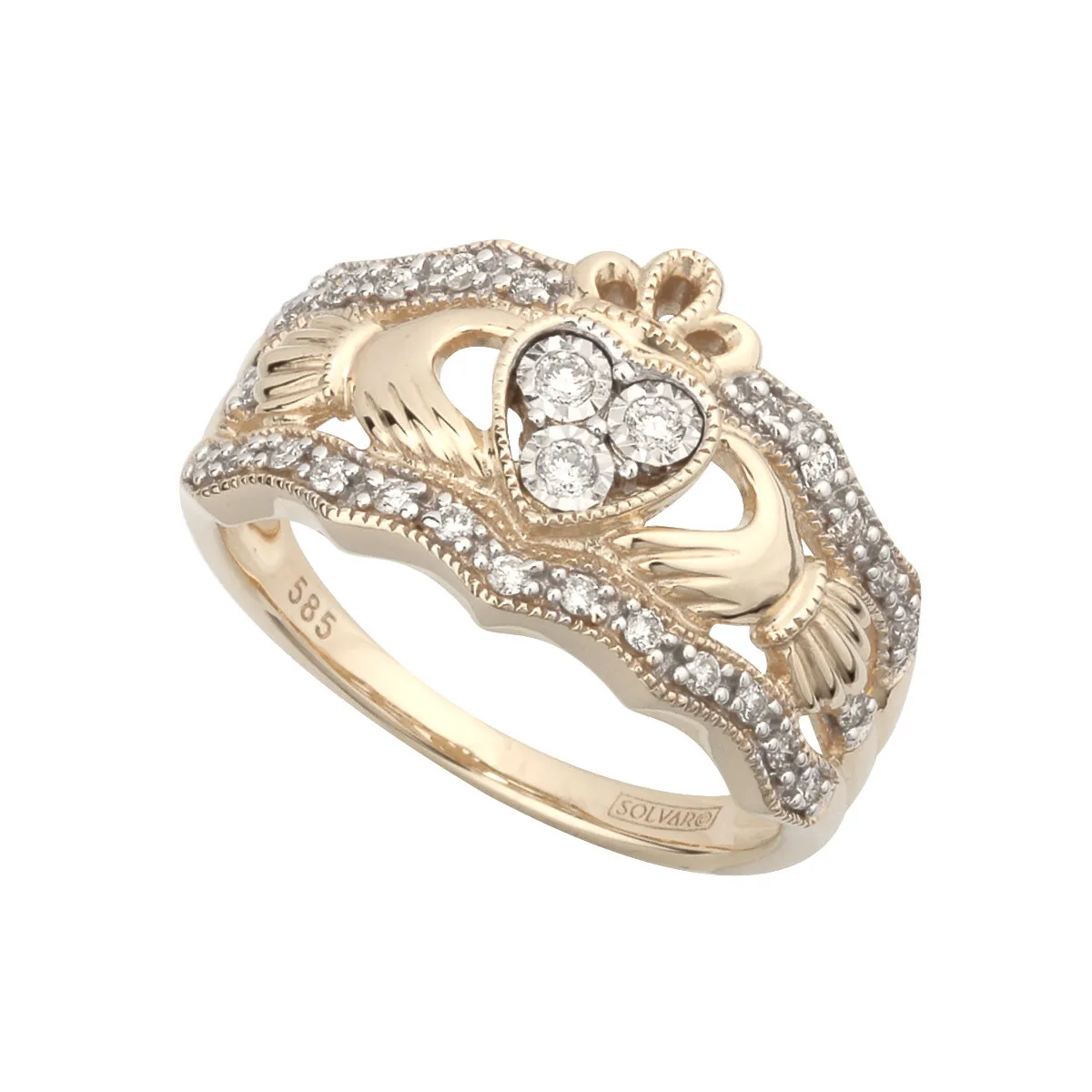 Irish Hallmarked 14K Gold Wide Claddagh Ring With Diamonds ...