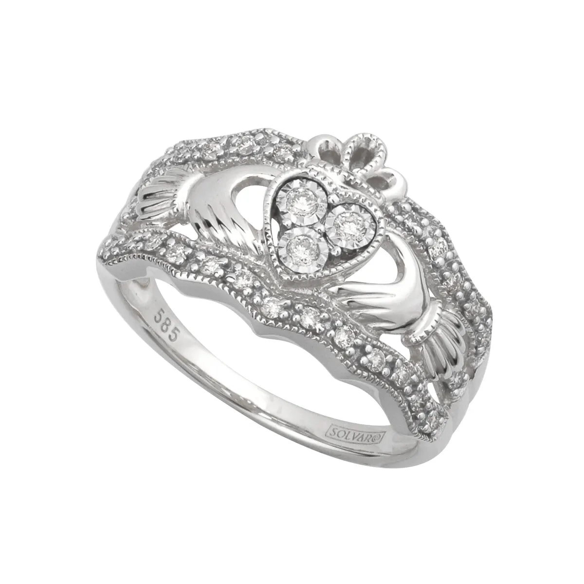 White Gold Diamond Claddagh Ring...