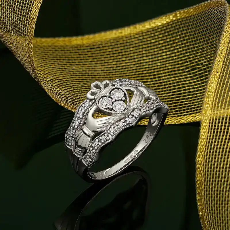 14k White Gold Diamond Irish Claddagh Ring 2...