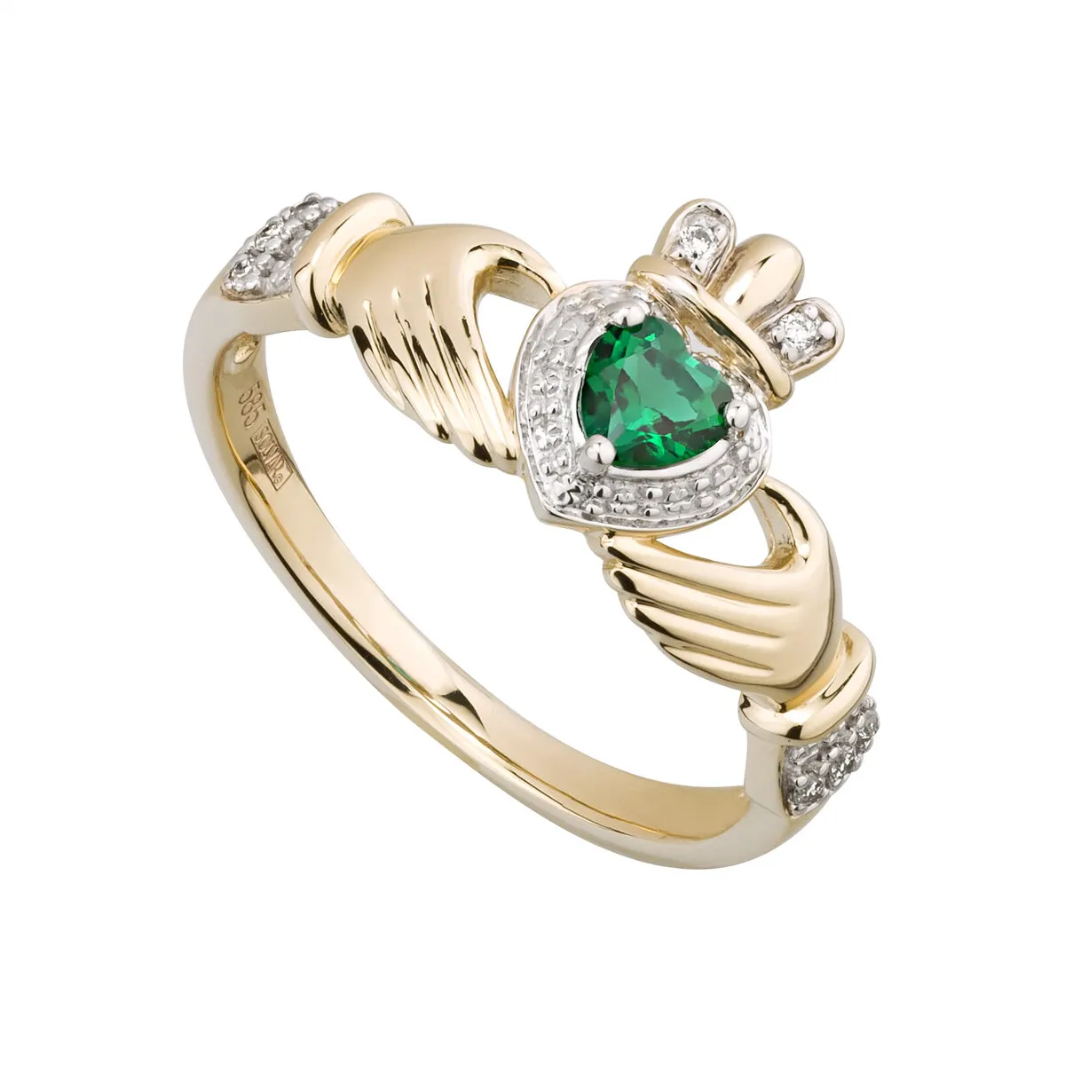 Diamond & Created Emerald Claddagh Ring in 14k Gold