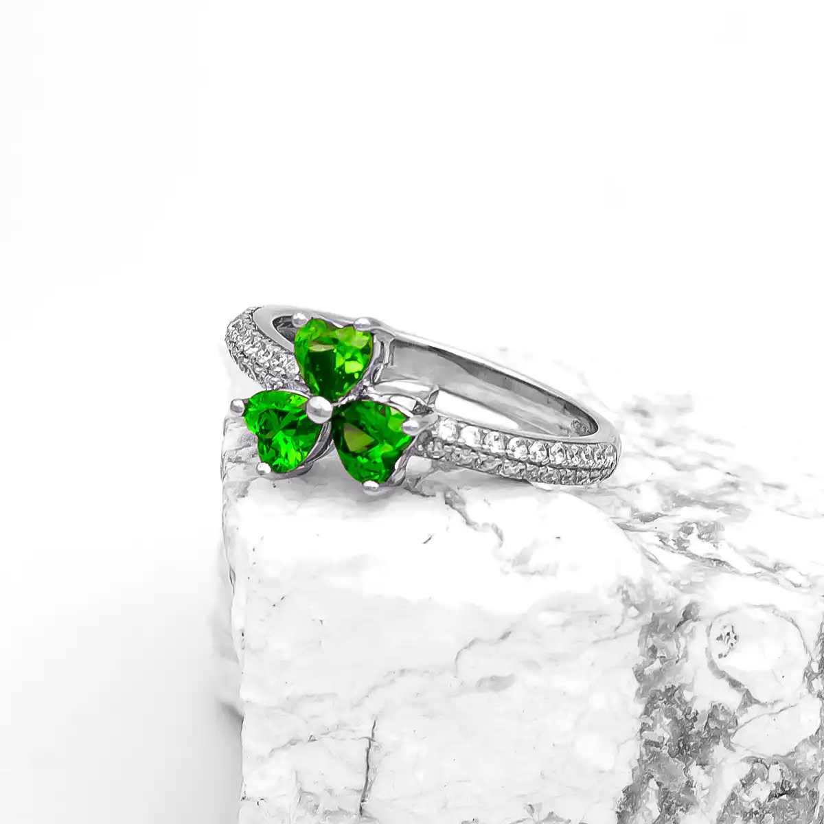 Silver Shamrock Ring Set with Green Cubic Zirconia...