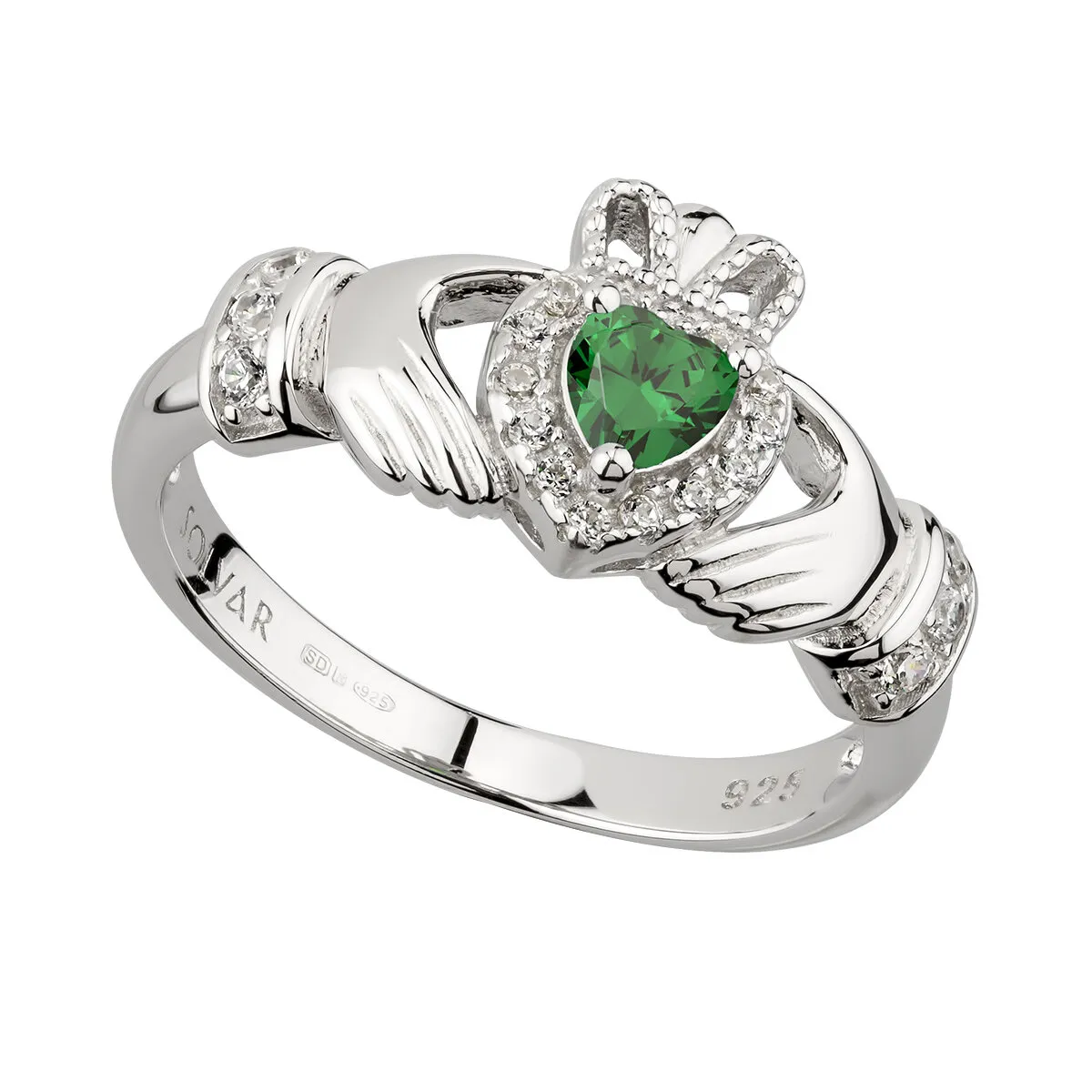 Silver Claddagh Ring With Green Cubic Zirconia...