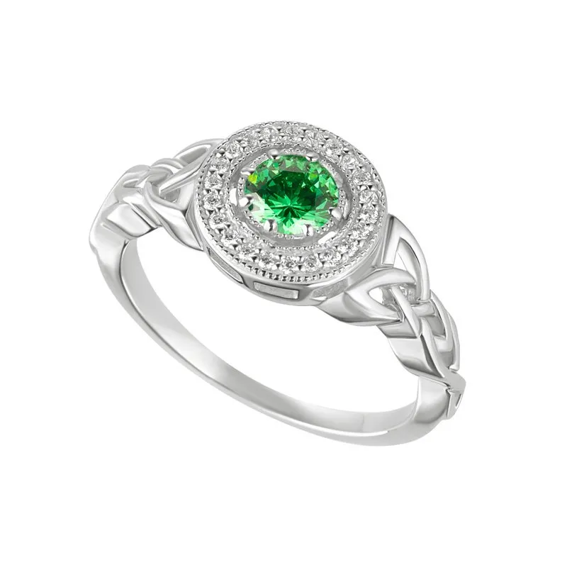 Silver Trinity Knot Green Cubic Zirconia Halo Ring...