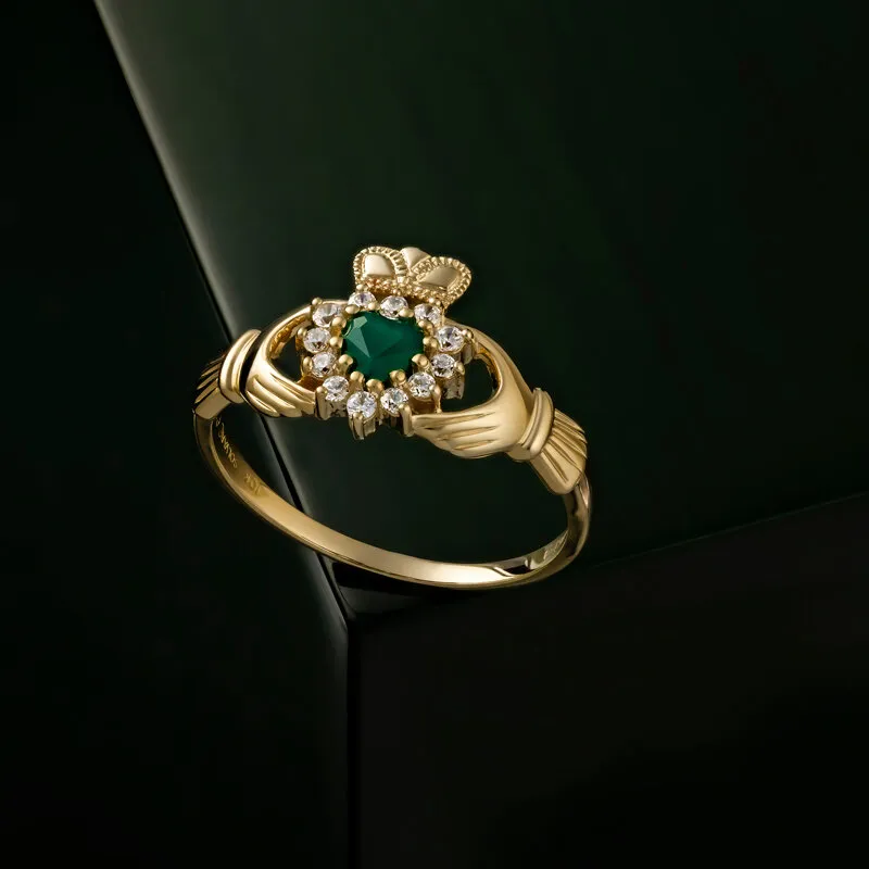 9k Gold Green Agate Cz Claddagh Ring 2...