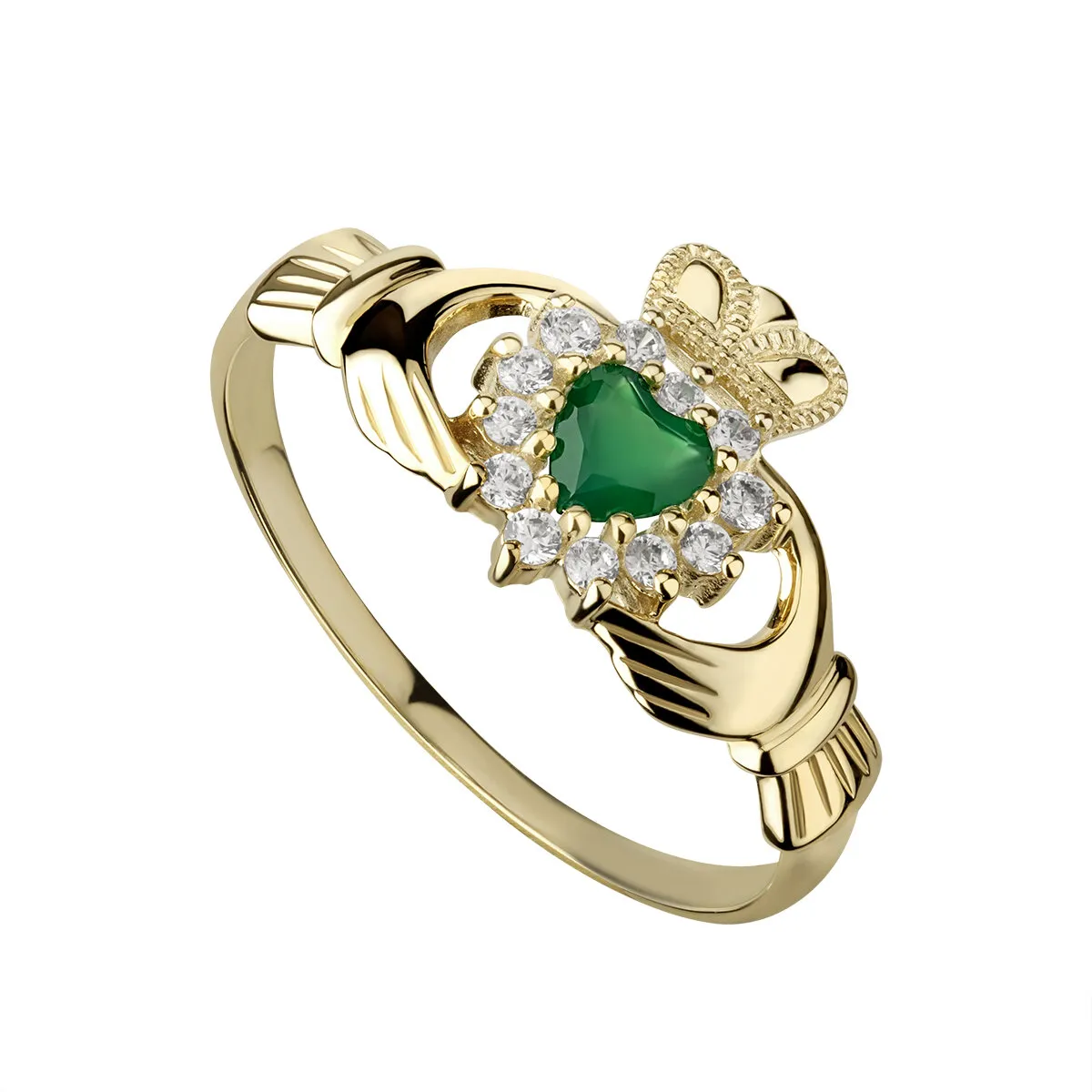 9k Gold Green Agate Cz Claddagh Ring...