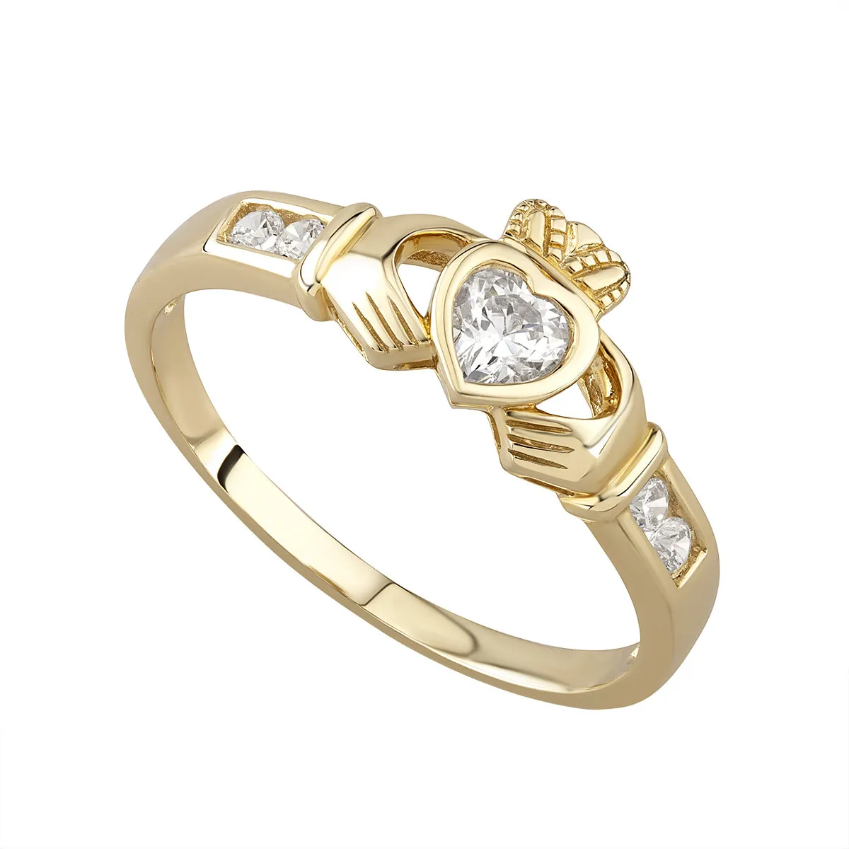 9k Gold Irish Claddagh Ring With Cubic Zirconia...