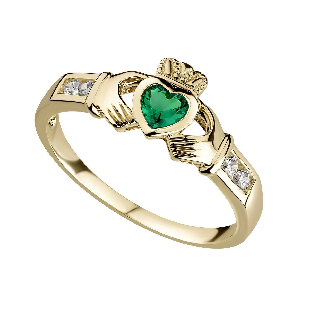 Ladies 9k Gold Created Emerald Claddagh Ring...