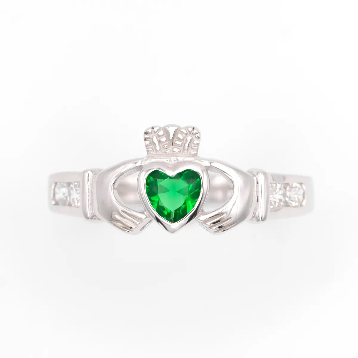 Silver Claddagh Ring With Green Synthetic Emerald Heart...