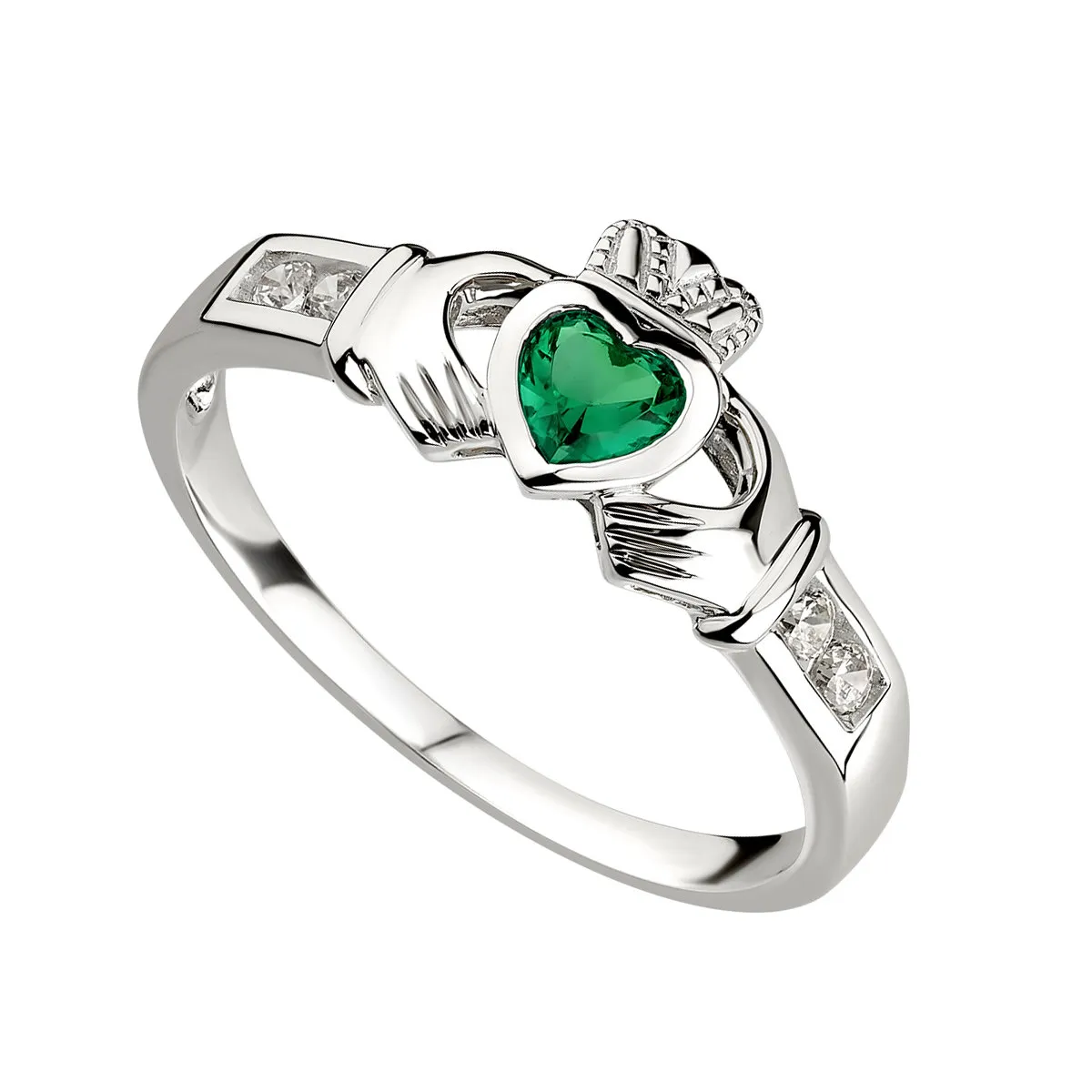 Silver Created Emerald Cz Shoulders Claddagh Ring