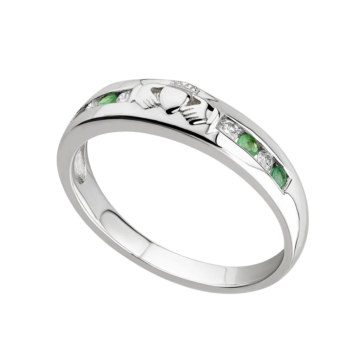 White Gold Emerald and Diamond Claddagh Ring...