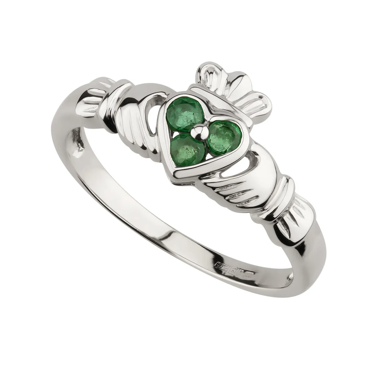 Emerald Irish Claddagh Ring In 14K White Gold...