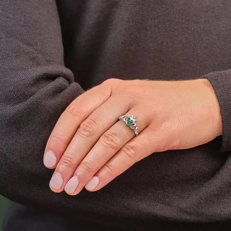 Emerald Irish Claddagh Ring In 14K White Gold Photo 2 