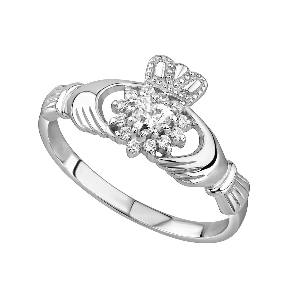 Silver Claddagh Ring With Cubic Zirconia Cluster Heart...